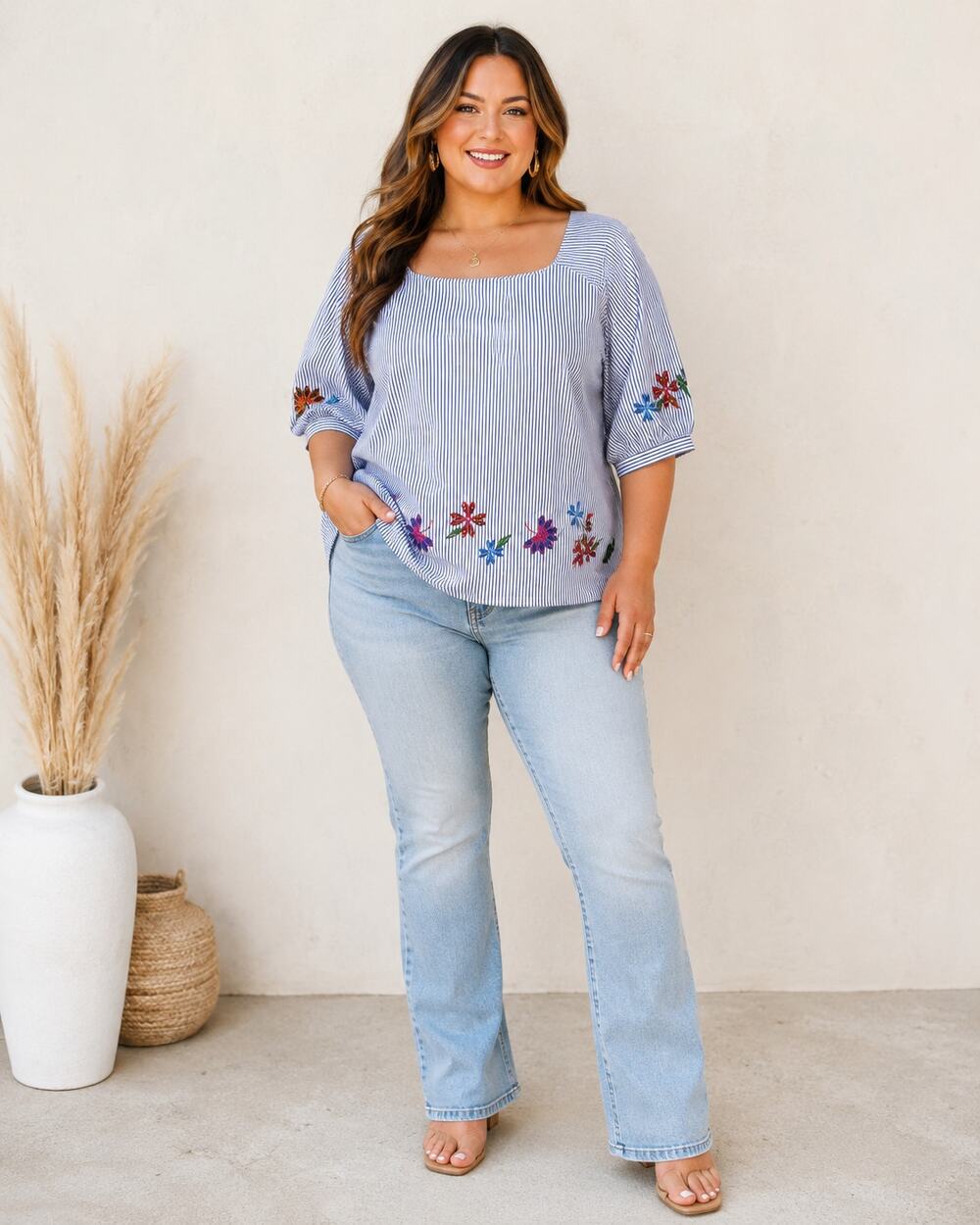 Eloquii Blue & White Pinstriped Floral Embroidered Boho 1/2 Sleeve Blouse 18